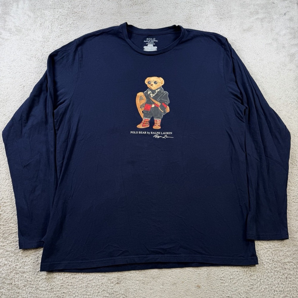 Polo Ralph Lauren T-Shirt Mens XL Navy Bear Long Sleeve Classic Fit Cotton Tee